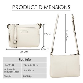 Lloyd Baker London – DEVAL Double-Zip Leather Crossbody Bag: Women's Functional Design in 100% Genuine Full-Grain Leather- BLANC DE BLANC (White)