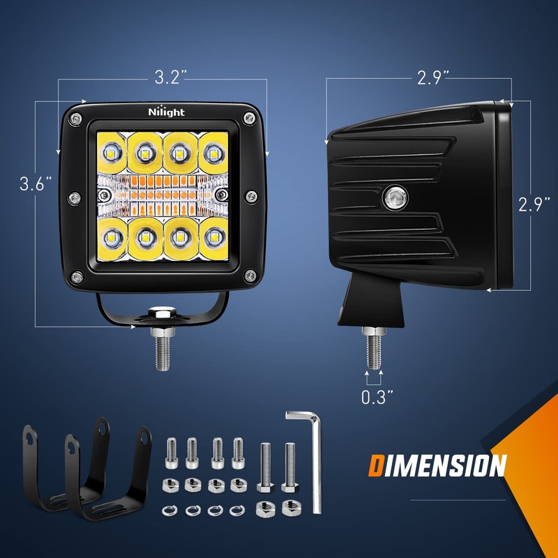 Nilight 2PCS 42W Light Bar 3Inch Cube Pod Light Amber