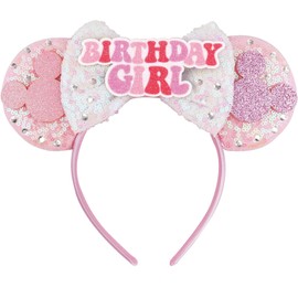 Birthday Mouse Ears Headband with Sequin Bow, Sparkle Princess Party Hair Accessories for Women & Girls (Pink)