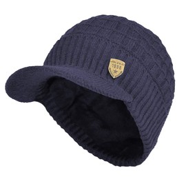Women's Soft Knitting Visor Beanie Winter Hat with Brim Fleece Lining Baseball Cap (Blue)