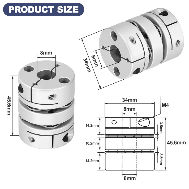 Flexible Shaft Coupling, D34 L45.6 Aluminum Flexible Diaphragm Motor Shaft