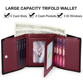 VANNANBA 2024 New Carbon Fibre Wallets Front Pocket Wallet with Folded ID Windows,12 Card Slots & 2 Note pockets(carbon burgundy)