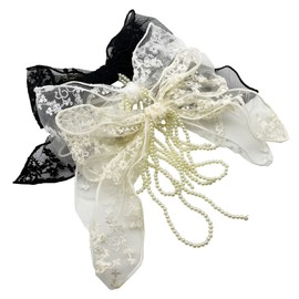 Sovenny 3 Pieces Lace Bow Pearl Chain Hair Clips Flower Embroidery Non Slip Hair Bow Barrettes for Women and Girls (White, Beige, Black)