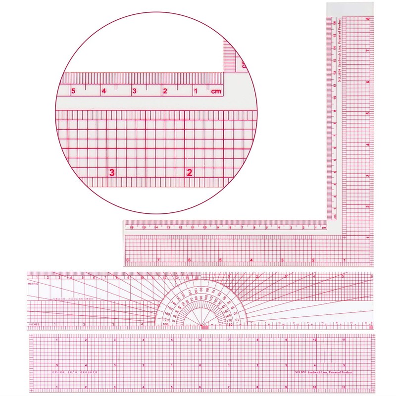 9 Pieces French Metric Ruler Bevelled Transparent Ruler Curve Shaped