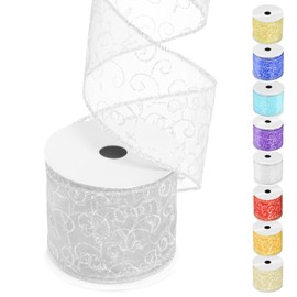 Wokape 1 Roll 2.5Inch * 10 Yard Glitter Mesh Wired Ribbon Indoor Christmas Ribbon Organza Glitter Swirls Wired Ribbon for Christmas Home Decor, Gift Wrapping, Bow Making, Wreath, DIY Crafts, Wedding (SIlver)