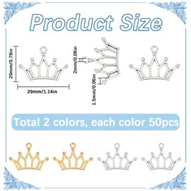 SUNNYCLUE 1 Box 100Pcs 2 Colors Crown Charm Gold and Silver Charms Bulk Metal Alloy Tiara Hollow Simple Queen King Crowns Charm for Jewelry Making Charms DIY Keychain Bracelet Earrings Necklace Crafts