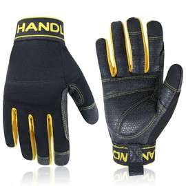 HANDLANDY Leather Work Gloves for Men & Women, Utility Mechanic Touch Screen Working Gloves for Gardening, Driving, Tool Handling, Construction (Yellow Black, Large)