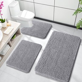 OLANLY Bathroom Rugs Sets 3 Piece, Soft Absorbent Chenille Bath Mats and U-Shaped Contour Toilet Rug, Non-Slip, Quick Dry Carpet, Home Decor Accessories, Bath Mat Set for Bathroom, Grey