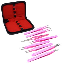 Set of 8 Stainless Steel Tweezers Kit Nippers for Eyelash Extensions and Nail Art Straight and Curved Tip For Sticker Rhinestone Eyelash Picker Acrylic Gel Nail DIY Art PINK