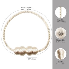 Hangtty Magnetic Curtain Tiebacks 4 Pack Rope Decorative Curtain Tie Backs Elegant Curtain Holders for Drapes Outdoor Window Treatment Holdbacks, Beige