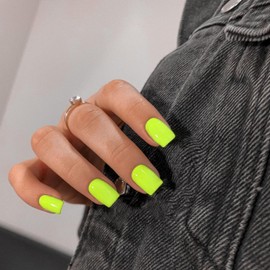 KQueenest Acrylic Press on Nails Short Square, Neon Green False Nails Short Coffin, Glossy Natural Solid Color Small Fake Nails Set, Reusable Gel Stick on Nail for Women Finger Daily Wear 24 Pcs