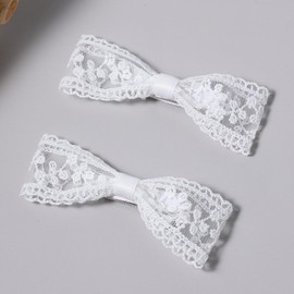 Wedding Lace Ribbon Hair Bow Clips White Bowknot Alligator Barrettes Pins 4" for Kids Teen Toddler Baby Flower Girls Bride Women Communion Pageant Dress Decor Accessory Gift