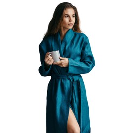 Bunny Street The Prancing Hare Linen Robe - Pure Linen Womens Bathrobe - Premium Quality Natural Linen Dressing Gown for Women (Teal, Women - XL)