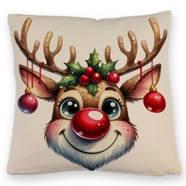 speecheese Reindeer with Christmas Baubles Cushion with Linen Look Christmas Cushion with Linen Look with Funny Reindeer Face, Festive Red Nose and Antlers - Decoration for a Happy