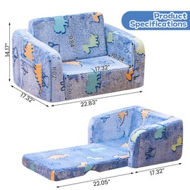 Lamerge 2-in-1 Soft Toddler Couch Fold Out,Foldable Toddler Chair, Glow in The Dark Kids Sofa for playroom,Convertible Foam and Floor Cushion for Boys and Girls (Blue and Dinosaur)