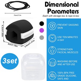 JALCH 3Pcs Jaw Exerciser Face & Neck Muscle Toning - Jawline Training, Natural Face Lifting, Double Chin Reducer, Suitable for Men & Women, Comes in Black, Grey, Purple with Lanyard and Box