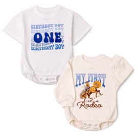 KOLNAMDINH My First Rodeo Baby Boy Outfit, Western Cowboy 2-Pack Romper Set, Long Sleeve & Short Sleeve Bodysuit for Outfit Boys (Muticolor, 6-12 Months)