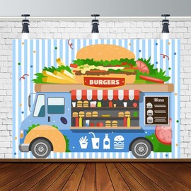 Hamburger Truck Backdrop Fast Food Dessert Shop Background Burger Food Fries Drinks Photography Backdrop Kids Birthday Baby Shower Party Decor Portrait Photo Booth Props,7x5ft