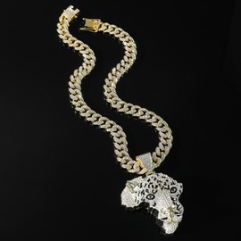Xikui Cuban Pendant Necklace, Miami Ice Out Chain Necklace, Animal Pendant Hip-Hop Jewelry for Men Women, 20inch (gold African leopard)