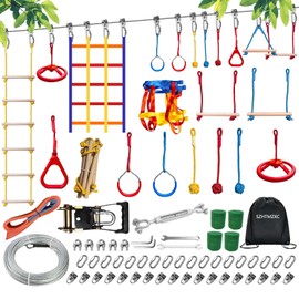 SZHTMZXC 50FT Ninja Warrior Obstacle Course for Kids Backyard Outdoor, 11 Ninja Accessories, Stainless Steel Main Rope 500lbs, Monkey Bars, Wood Ladder, Climbing Net (50FT 11Pcs Ratchet)