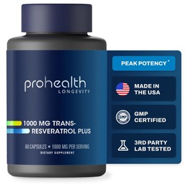 ProHealth ProHealth Resveratrol 1000mg | Pure Trans-Resveratrol | Plus Quercetin, Red Wine & Green Tea Extract | Clinically Studied to Support Cellular Health, Memory, Healthy Aging | 60 Capsules