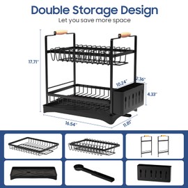 PXYHMUS 2-Tier Kitchen Counter Dish Drying Rack with Drainboard and Cutlery Holder, Black, 16.54" D x 11.81" W x 17.71" H