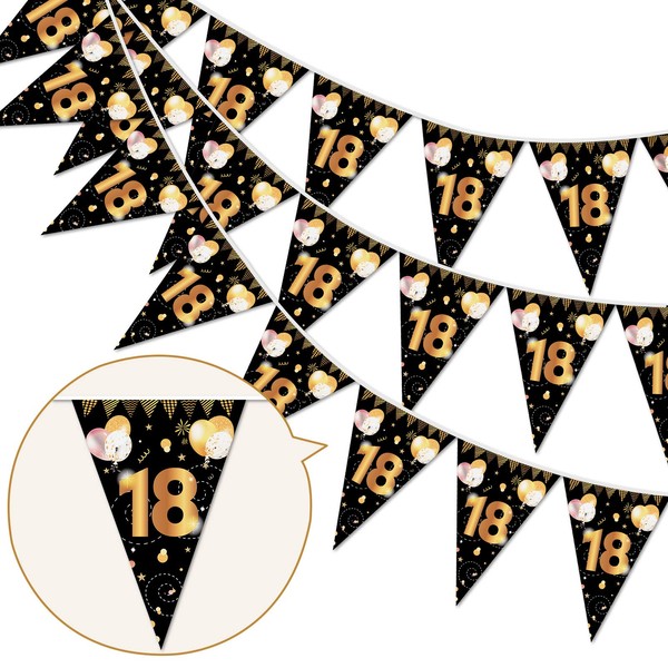 HOWAF 18 years birthday decorations girl, boy, 18 birthday banner banner black and gold birthday garland triangle flags, birthday party decorations