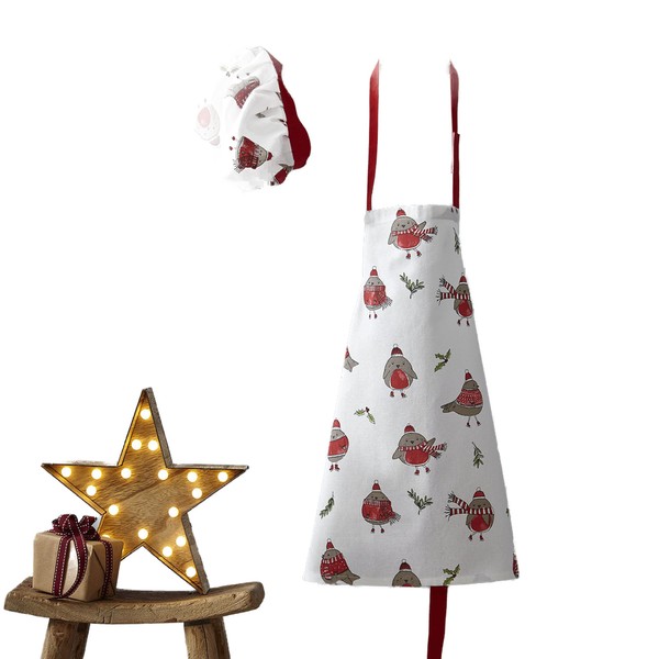 Catherine Lansfield Kitchen Christmas Robins Cotton Kids Apron & Hat Set White Red