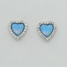 Amber America Blue FIRE OPAL Stud / Post Heart Earrings 19 CZs 925 STERLING SILVER Unique #604