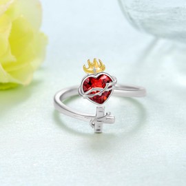Sacred Heart of Jesus Ring 925 Sterling Silver Sacred Heart Adjustable Open Rings Christian Cross Religious Jewelry Amulet for Women Teens Mom