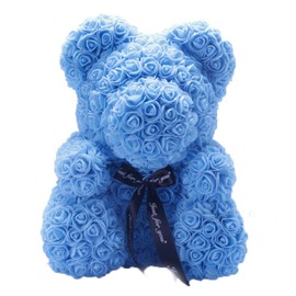 Rose Flower Bear Artificial Rose Flower Hugging Bear for Valentines Day Wedding Mothers Day Anniversary Blue