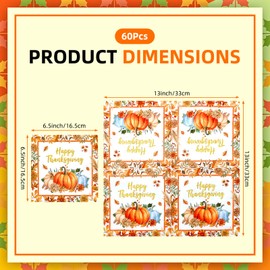 60 Pack Thanksgiving Paper Napkins – 13 x 13 Inch Disposable Happy Thanksgiving Pumpkin Napkins, Fall Harvest Party Supplies for Thanksgiving Dinner, Friendsgiving and Autumn Table Decorations
