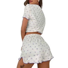 Remidoo Womens Cute Cherry Pajamas Lettuce Trim Split Short Pajama Set Loungewear Puple Medium