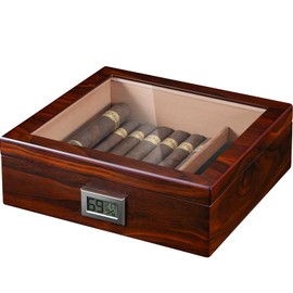 Flauno Cigar Humidor, Spanish Cedar Wood Humidor, Accurate Digital Hygrometer, Humidifier, Divider, Glass Top Cigar Box Holds 40-60 Cigars, Gift for Cigar Lovers
