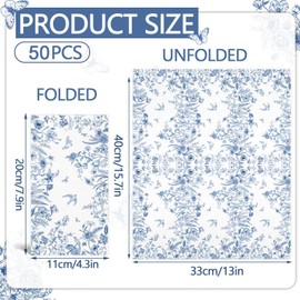 Pack of 50 Napkins Blue Flowers, Blue Floral Napkins Decoration, Vintage Flower, Disposable Napkins, Blue and White Napkins, Perfect for Birthdays, Parties, Weddings, Communion and Celebrations