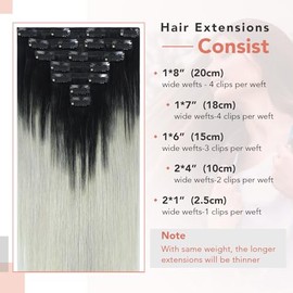 Ukira Extensiones De Cabello Con Clip En Cabello Humano Real, Extensiones De Cabello Negro Natural Que Se Desvanecen A Grises, 12" 100G 7 Piezas Extensiones De Cabello Negro Plateado Clip En Cabello H