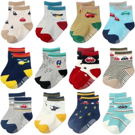 Aroveea - Calcetines de algodón con agarre antideslizante para bebé, paquete de 12 para niños pequeños y niñas, C12, 5-7 Años