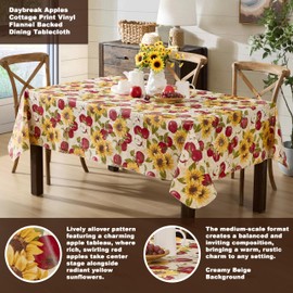 Newbridge Spring Daybreak Apples 60 x 84 Inch Rectangle Vinyl Tablecloth with Flannel Backing, Indoor Outdoor Waterproof Vinyl Table Cover Holiday Parties and Dining, Red Apples and Sunflowers