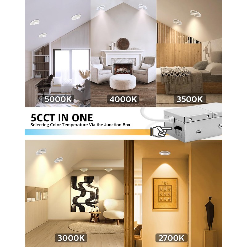 Adetu 4 inch 5CCT Gimbal Led Recessed Lights, 360°+90° Adjustable