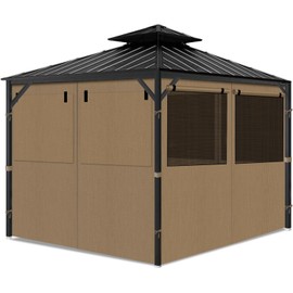 Gazebo Privacy Curtains 10' x 12' with Mosquito Windows, 4-Panels Side Wall with Zipper Universal Replacement for Patio, Outdoor Canopy, Garden and Backyard, Khaki (Curtain Only)