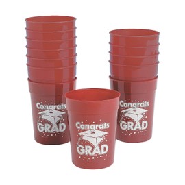 Fun Express 12 Pieces Congrats Grad Plastic Cups for Graduation, 10 oz, BPA Free Plastic, Graduation Party Supplies, Print Tableware, Print Cups, Burgundy
