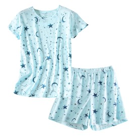 PNAEONG Women's Pajamas Set, Cotton Short Sleeve Sleepwear Top Capri Pjs Sets Soft Loungewear Blue Star-M