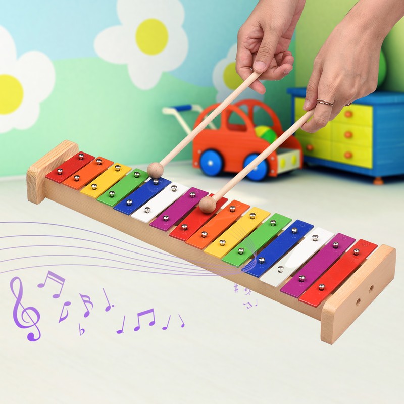 15 Note Glockenspiel Xylophone Wooden Base Colorful Aluminum Bars with