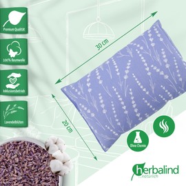 HERBALIND Lavender Pillow 30 x 20 cm - Scented Cushion with Lavender Blossoms and New Sheep's Wool, Cotton Cover with Floral All-Over Pattern in Lavender Blue