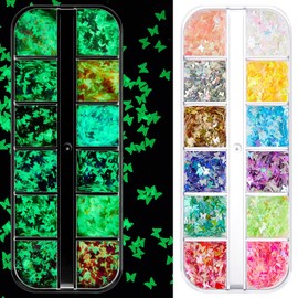 12 rejillas luminosas para arte de uñas en polvo, lentejuelas que brillan en la oscuridad con diseños en forma de mariposa, uñas fluorescentes holográ
