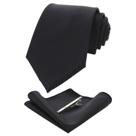 Jemygins Men’s Wedding Ties and Handkerchiefs - Plain Set with Tie Clip - Various Colours - Black , size: m