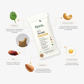 FLORA01, Barras de protena Des__Ayuno, Sabor natural, Libre de sellos, 12 gr de protena por barra, Caja con 4 piezas                                  