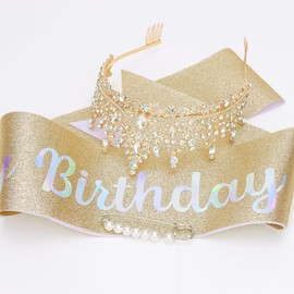 BAHABY It's My Birthday Sash & Rhinestone Tiara Set Princess Birthday Sash and Tiara for Women Birthday Decorations Rhinestone Headband for Women Girls (Gold)