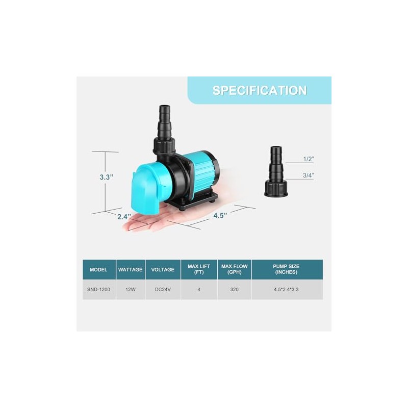 Bomba de agua DC 320GPH para acuario, nano de 20
