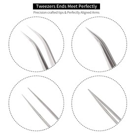 Best Eyelash Extension Tweezer Set - FEITA Pro Straight & Curved Pointy Precision Fine Tip Tweezers for Lash Extensions - Silver - 2Pcs